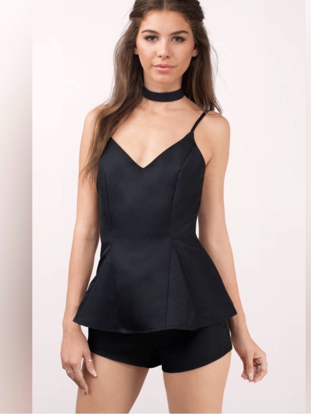 TOBI WOMENS SWEETHEART PEPLUM DEEP BACK CUT BLACK SHORTS ROMPER SIZE SMALL